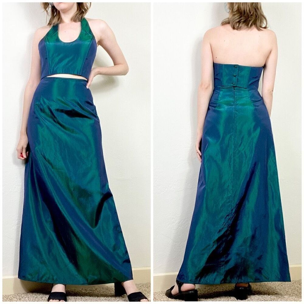 Vintage 00’s Jessica McClintock Gunne Sax Teal Iridescent 2 Piece Formal Dress 5